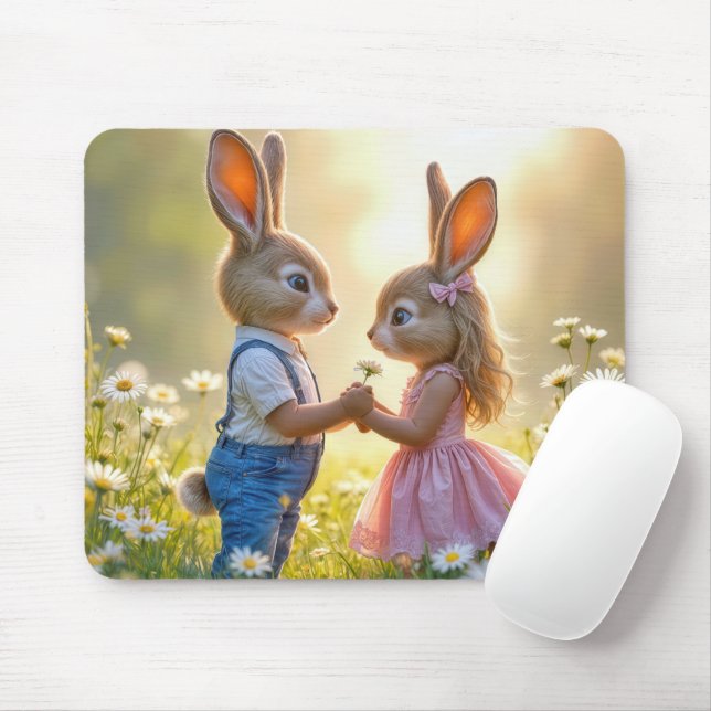Tapis De Souris Bunny Romance dans un champ de marguerite (Avec souris)