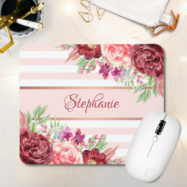 Tapis De Souris Burgundy Blush Floral Stripes Nom du monogramme