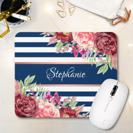 Tapis De Souris Burgundy Floral Navy Stripes Nom du monogramme