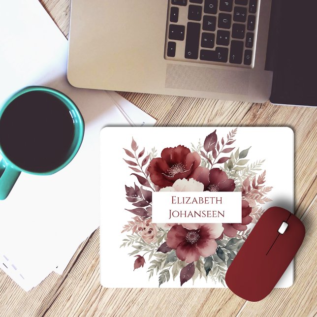 Tapis De Souris Burgundy Rouge Floral Aquarelle Moderne Joli Nom (Créateur téléchargé)