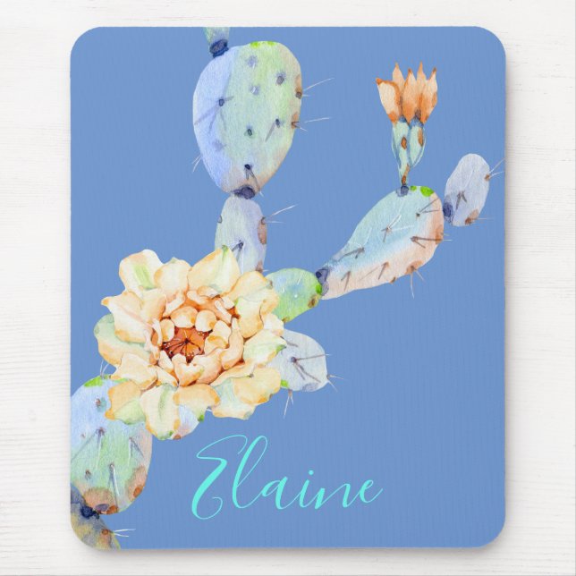 Tapis De Souris Cactus fleurs du désert aquarelle pêche violette (Devant)