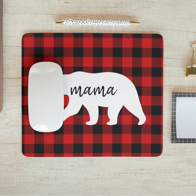 Tapis De Souris Cadeau moderne Rouge Plaid Et Blanc Mama Ours (Créateur téléchargé)