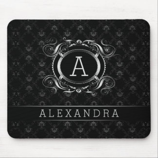 Tapis De Souris Cadre baroque noir et gris argenté monogramme