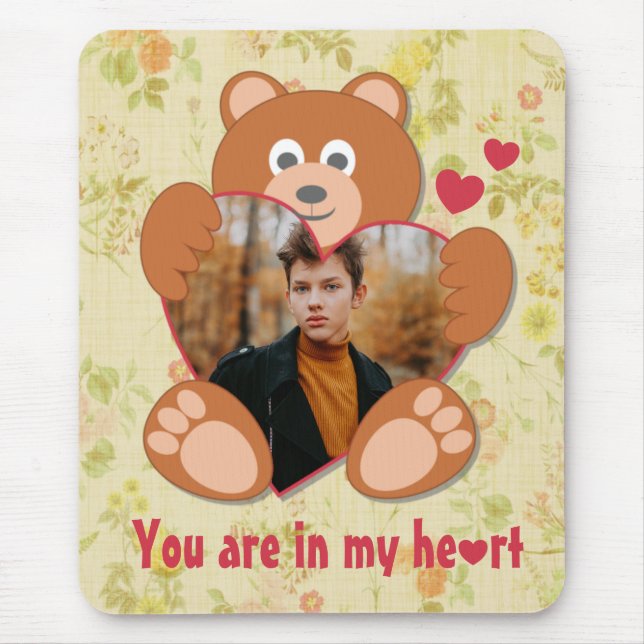 Tapis De Souris Cadre photo moderne mignon jaune Teddy Ours Coeur (Devant)