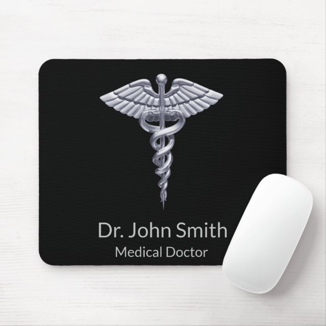 Tapis De Souris Caducée d'argent Médicale sur noir (Avec souris)