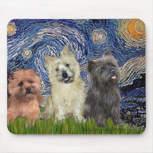 Tapis De Souris Cairn Terriers (trois) - Nuit étoilée (Devant)
