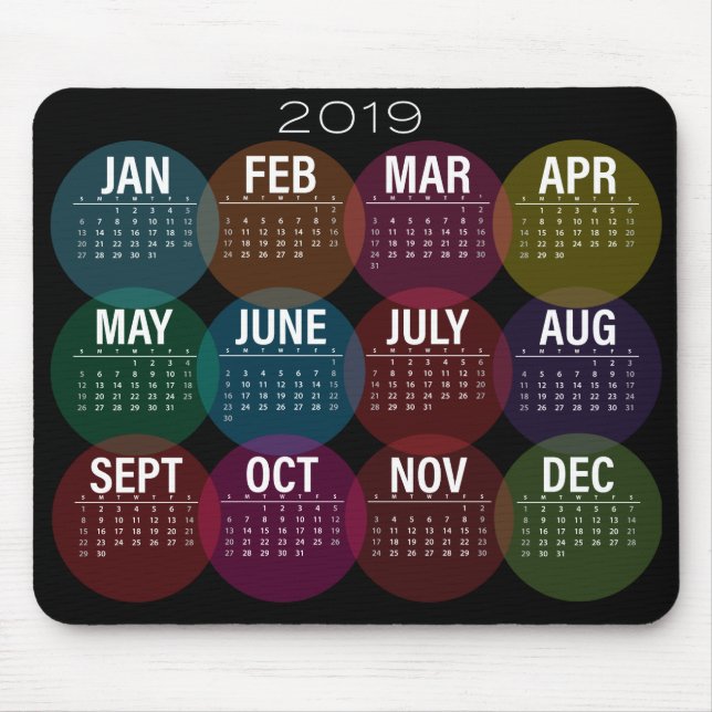 Tapis De Souris Calendrier 2019 coloré sur le noir (Devant)