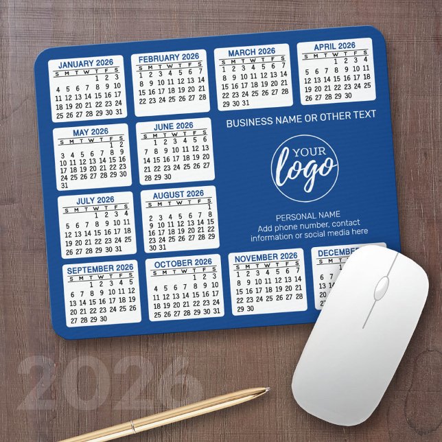 Tapis De Souris Calendrier 2023 avec logo, Coordonnées Bleu (2026 Calendar with your logo or photos - Great Business Gift or Home Office Decor)