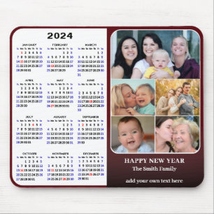 Tapis De Souris Calendrier 2024 Famille Rouge Photo Collage US Hol