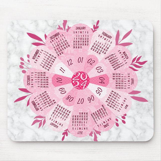 Tapis De Souris Calendrier 2024 Unique Boho rond Plutôt Rose Fleur (Devant)