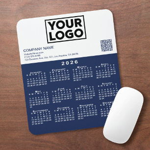 Tapis De Souris Calendrier 2026 Logo Entreprise Code QR Bleu Marin