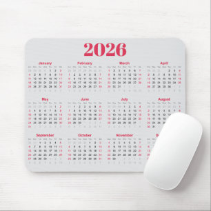 Tapis De Souris Calendrier 2026 rouge et gris clair simple