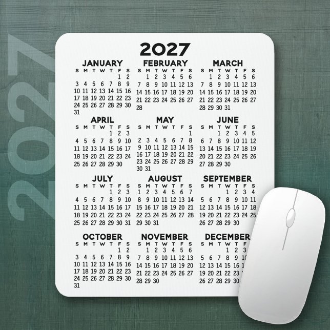 Tapis De Souris Calendrier 2027 - fond blanc - Vertical  (2027 Calendar Mousepad)