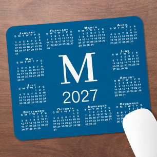 Tapis De Souris Calendrier 2027 Monogramme Bleu et Blanc