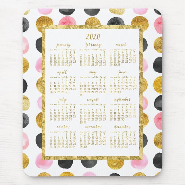Tapis De Souris Calendrier Annuel 2020 Mouse Pads Points Rose Et O (Devant)