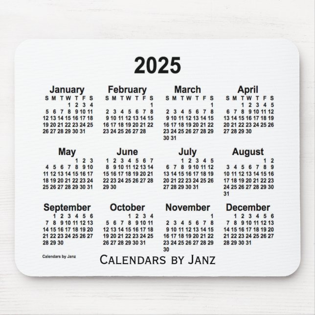Tapis De Souris Calendrier blanc 2025 par Janz Mouse Pad (Devant)