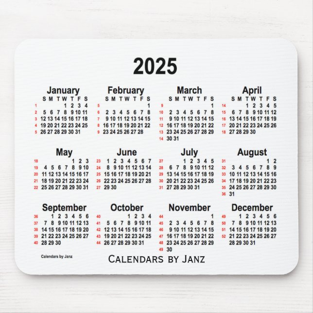 Tapis De Souris Calendrier blanc de 52 semaines 2025 par Janz (Devant)