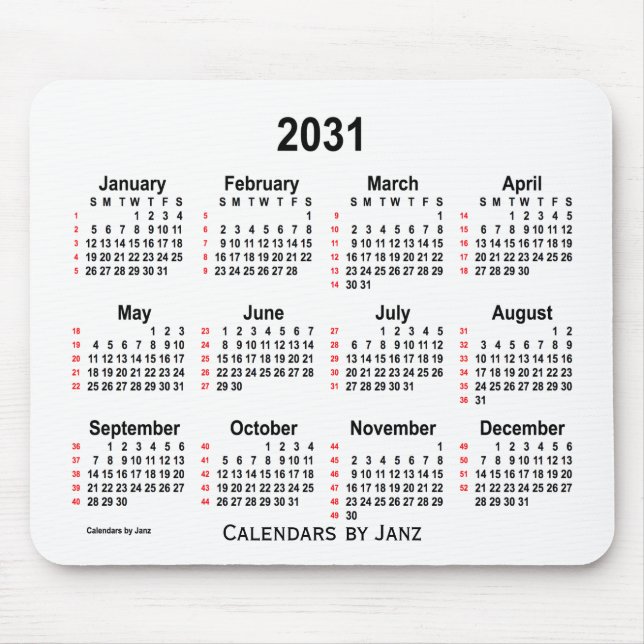 Tapis De Souris Calendrier blanc de 52 semaines 2031 par Janz Mous (Devant)
