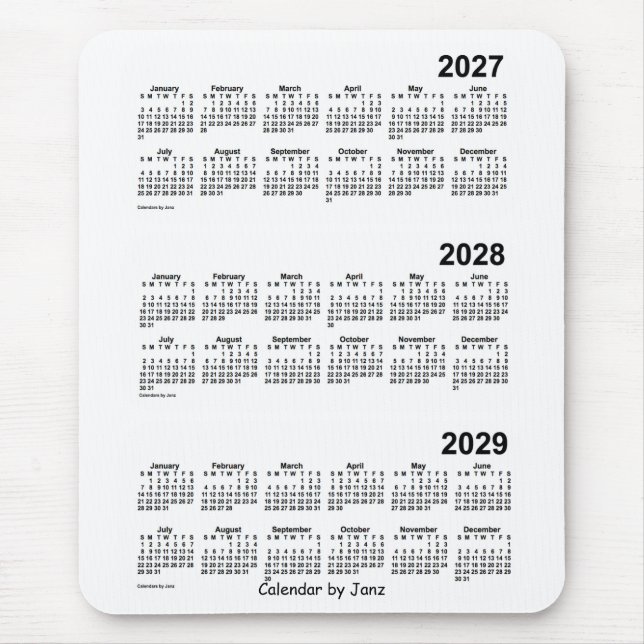 Tapis De Souris Calendrier de 3 ans 2027-2029 blanc par Janz (Devant)