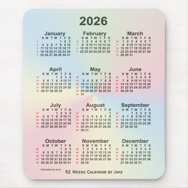 Tapis De Souris Calendrier de 52 semaines 2026 Rainbow Cloud par J (Devant)