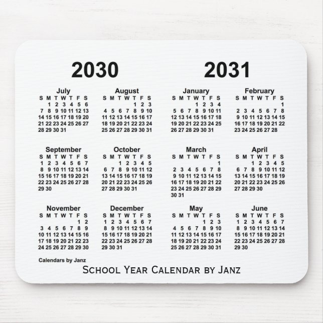 Tapis De Souris Calendrier de l'année scolaire blanche 2030-2031 p (Devant)