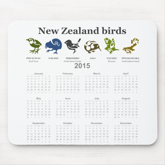 Tapis De Souris Calendrier des oiseaux de Nouvelle-Zélande 2015 (Devant)