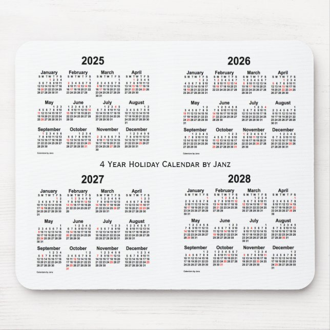 Tapis De Souris Calendrier des vacances 2025-2028 blanc par Janz (Devant)