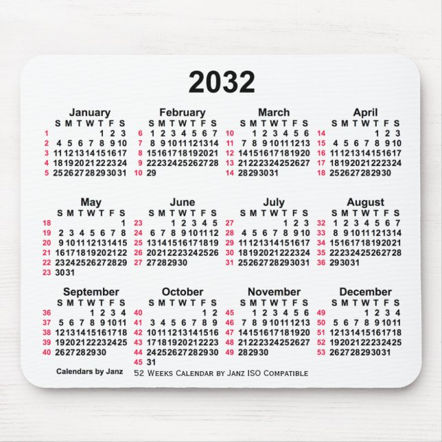 Tapis De Souris Calendrier ISO 2032 Blanc 52 semaines par Janz (Devant)