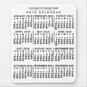 Tapis De Souris Calendrier mensuel 2019 White Black Nom personnali