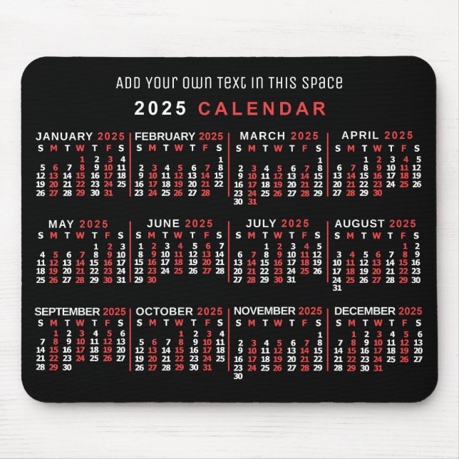 Tapis De Souris Calendrier mensuel 2025 Année Personnalisé Noir Ro (Devant)