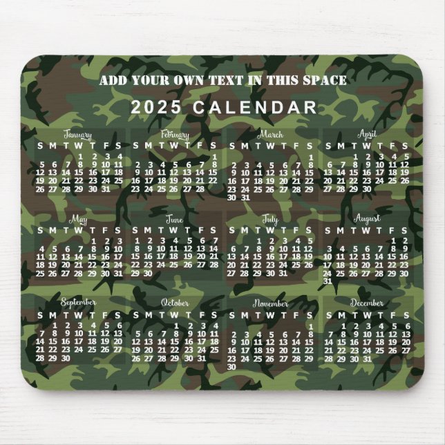 Tapis De Souris Calendrier mensuel 2025 Camouflage Camo Green (Devant)