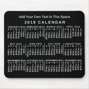 Tapis De Souris Calendrier mensuel de 2019 Personnalisé noir et b