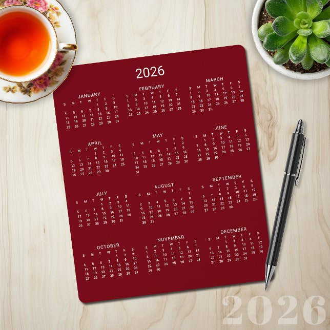 Tapis De Souris Calendrier minimaliste 2026 Moderne de Maroon Bour (2026 Modern Minimalist Burgundy Maroon Calendar Mouse Pad)