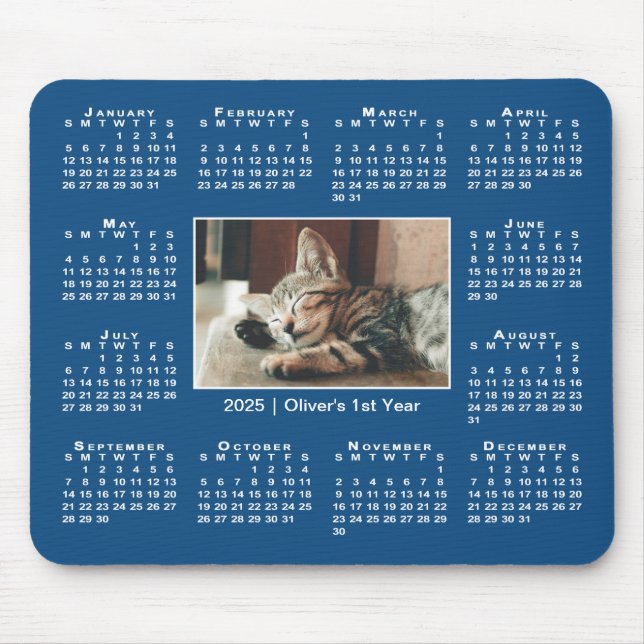 Tapis De Souris Calendrier moderne 2025 Votre nom photo en bleu (Devant)