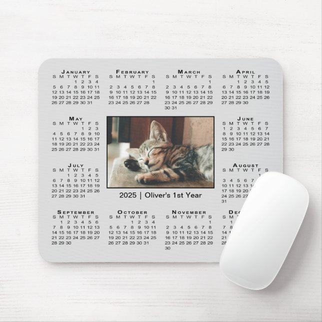 Tapis De Souris Calendrier moderne 2025 Votre nom photo sur Grey (Avec souris)