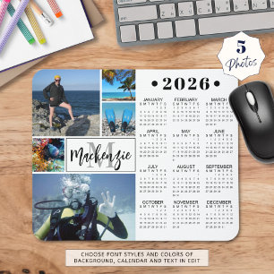Tapis De Souris Calendrier moderne 2026 5 Photos Monogramme Nom