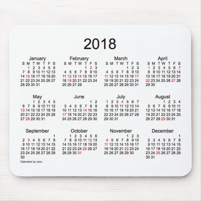 Tapis De Souris Calendrier noir et blanc des vacances 2018 par (Devant)