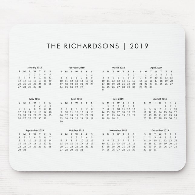 Tapis De Souris Calendrier noir et blanc simple 2019 et moderne (Devant)