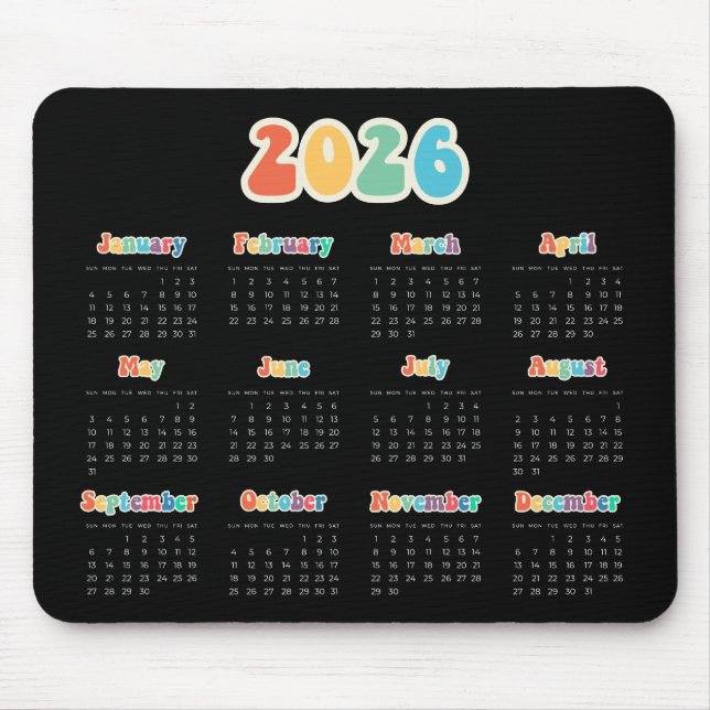 Tapis De Souris Calendrier noir Hippie 2025 des années 60 rétro (Devant)