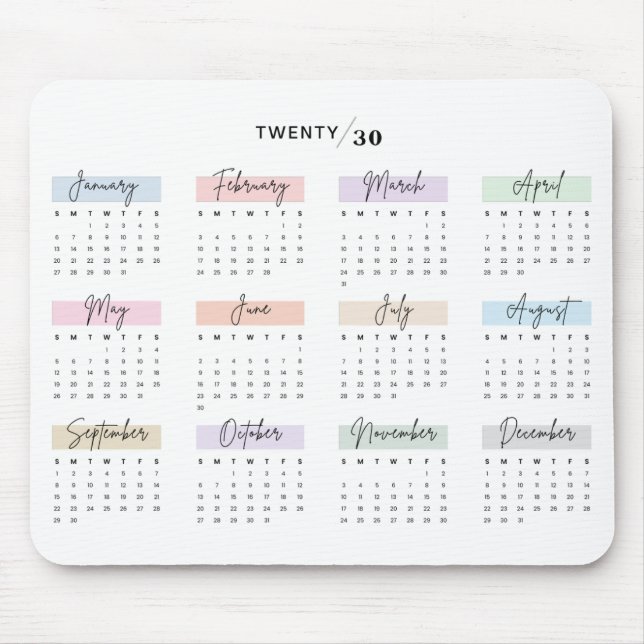 TAPIS DE SOURIS CALENDRIER PASTEL 2030 SCRIPT ÉCRIT À LA MAIN (Devant)