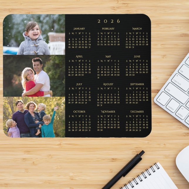 Tapis De Souris Calendrier personnalisé de 3 photos de famille 202 (3 Photo Collage Personalized Family 2026 Calendar Mouse Pad)