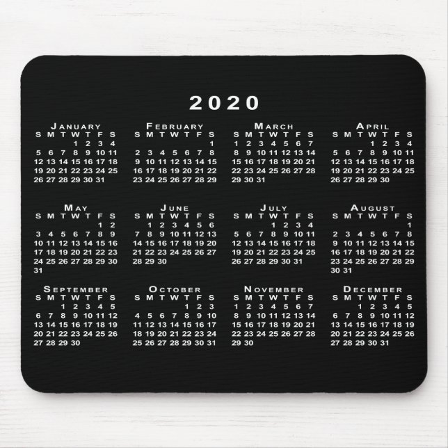 Tapis De Souris Calendrier simple noir et blanc 2020 (Devant)