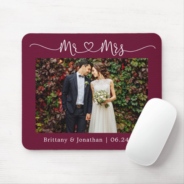 Tapis De Souris Calligraphie Coeur M. Mme la Mariage Burgundy (Avec souris)