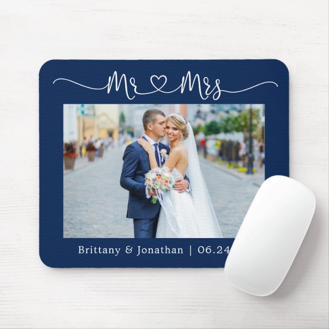 Tapis De Souris Calligraphie Coeur M. Mme Mariage Marine Bleue (Avec souris)
