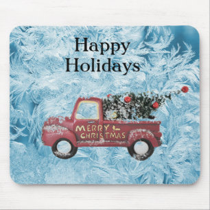 Tapis De Souris camionnette vintage rouge sur fond de flocon de ne