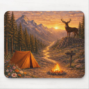 Tapis de Souris Camping Cerf au Coucher de Soleil 