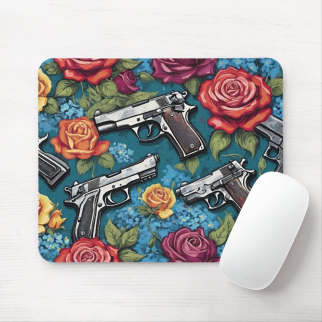 Tapis De Souris Canons de poing et Rose Floral Turquoise (Avec souris)