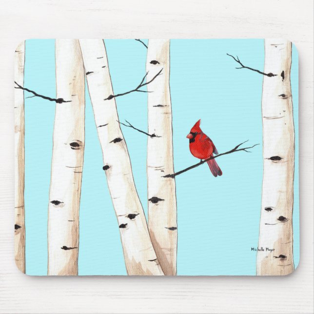 Tapis De Souris Cardinal avec des arbres de bouleau (Devant)