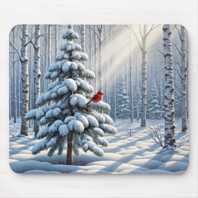 Tapis De Souris Cardinal Rouge Perché Sur Un Pin Neige (Devant)
