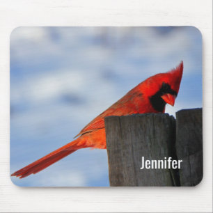 Tapis De Souris Cardinal rouge sur souche en bois Personnalisé